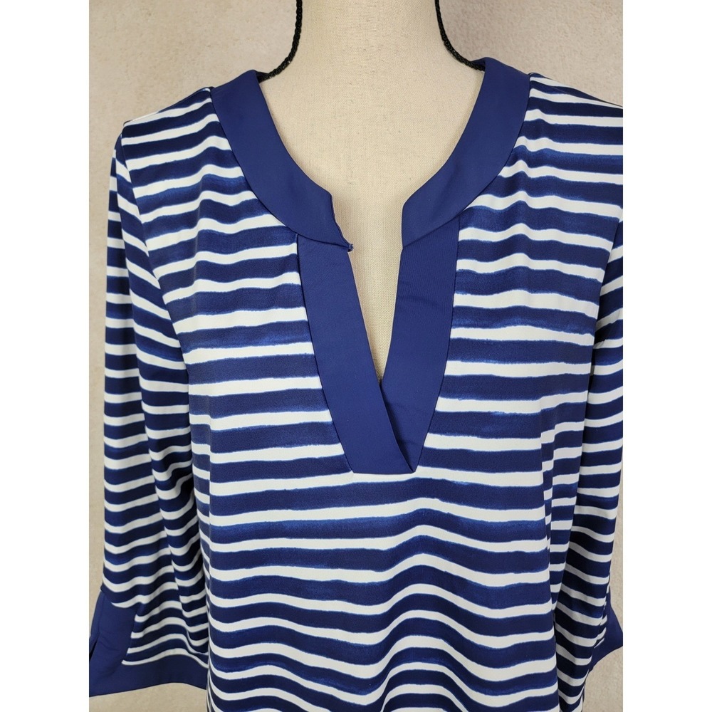 Aqua et Sol Striped Tunic Dress Women L Navy Blue White Split V-Neck Travel - Picture 4 of 12